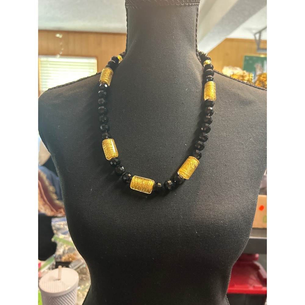 Vintage Black Gold Foil Glass Beaded‎ Necklace Murano Style Statement 22"